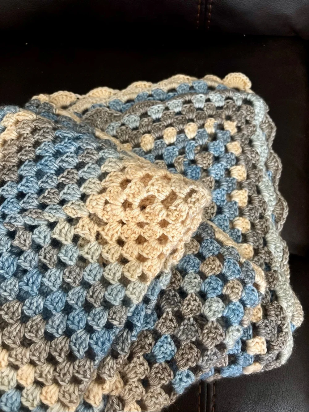 Handmade Blue, Gray & Cream Crochet Throw Blanket